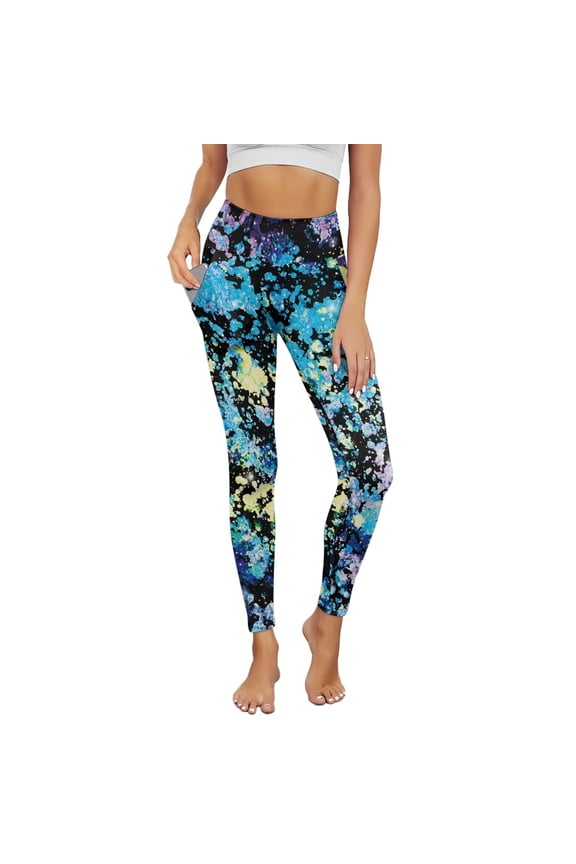 Blue Artistic Splash Printed Womens Yoga Pants with Pockets High Waisted Workout Yoga Pants Ankle Pants Tummy Control Premium Soft Compression Pants 80s 90s Sportswear, 3XL