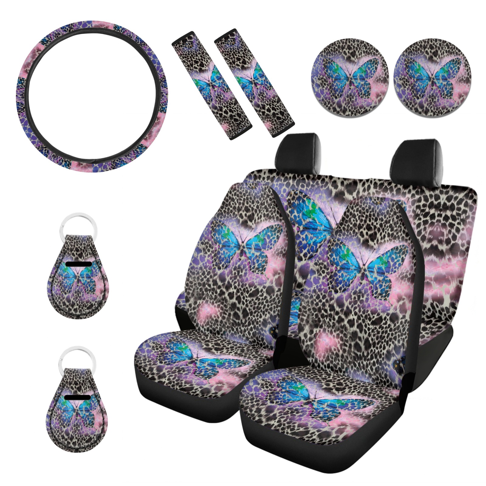 Renewold Blue Butterfly Leopard Print 11 PCS Car Seat Cover Set for Men Women, Breathable Front Rear Seat Protector with Steering Wheel Cover Seat Belt Cover Cup Holder Key Ring Car Accessories
