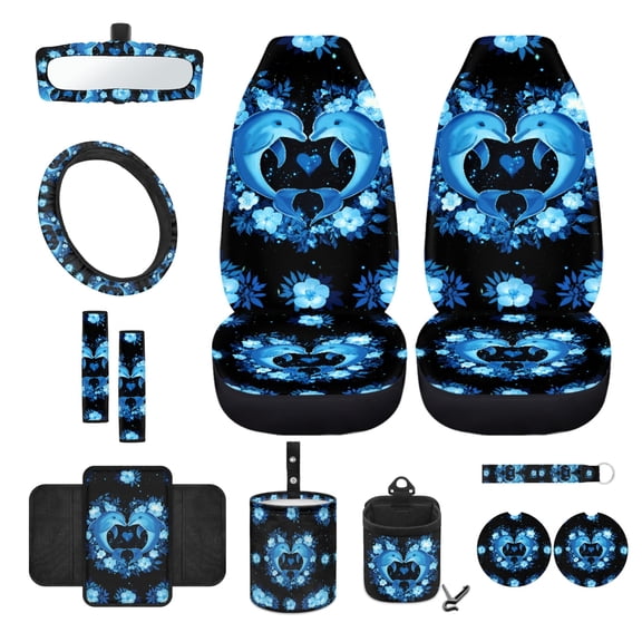 Renewold Blue Dolphin Flower 12 Pack Front Car Seat Cover Set with Seat Protector Steering Wheel Cover Seat Belt Pad Armrest Cover Garbage Can Air Vent Pouch Rearview Mirror Cover Coasters Keychain