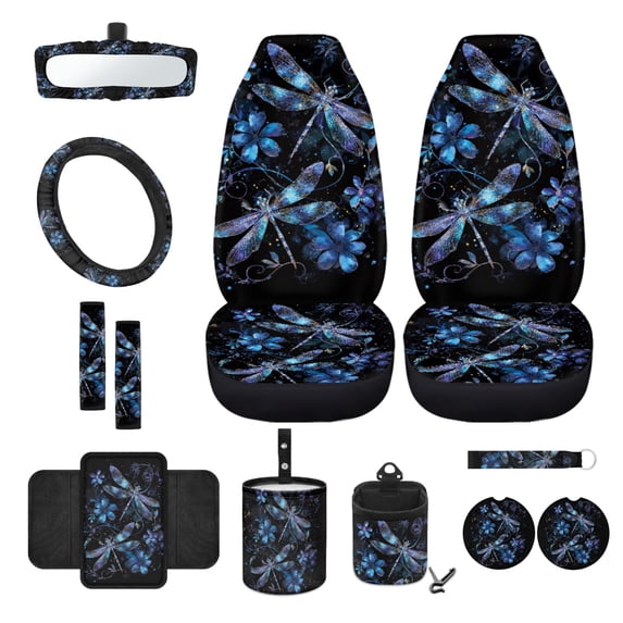 Renewold Blue Dragonfly Flower 12 PCS Auto Accessories Front Car Seat Covers with Steering Wheel Seat Belt Cover Armrest Pad Trash Bin Sunglass Pocket Rear View Mirror Cover Coaster Keychain