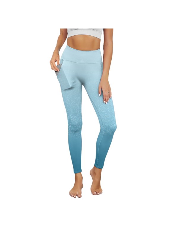 Blue Gradient Yoga Pants for Women with Pockets Full Length Workout Leggings High Waist Tummy Control Lounge Pants Activewear Fashion Womens Leggings, XXL
