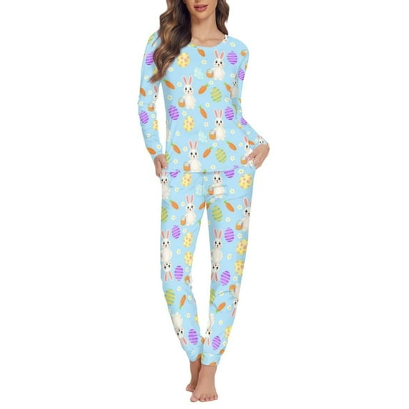 Renewold Blue Pj Set for Women Easter Egg Clothing Pajamas for Fall Spring Winter 2 PCS Comfort Rabbit Carrot Walking Jogger Pajama Shirt Size M, Holiday Gifts