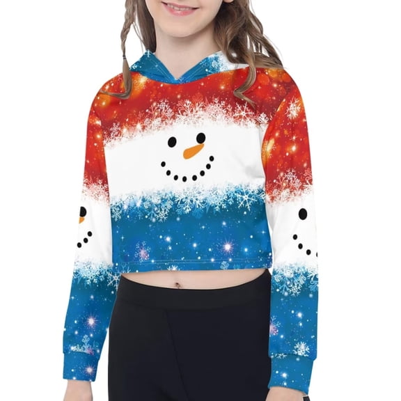 Renewold Blue Red Snowman Crop Hoodie for Teen Girls 13-14T Fashion Christmas Loose Streetwear Tracksuit Y2K Hooded Pullover Sweatshirt T-shirt Soft Gym Workout Clothing