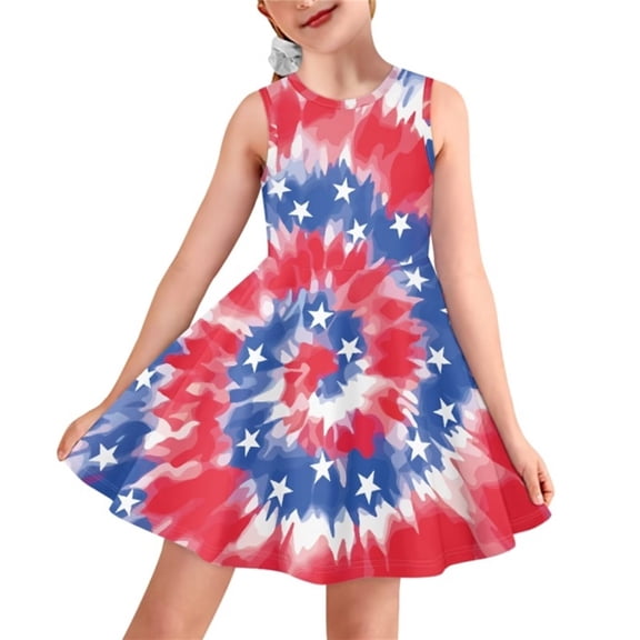 Renewold Blue Red Whilpool Tie Dye Tank Top Dress for Girls Fashion Stars Crewneck Sleeveless Party Midi Dresses 11-12T Youth Knee Length Twirly Sundress