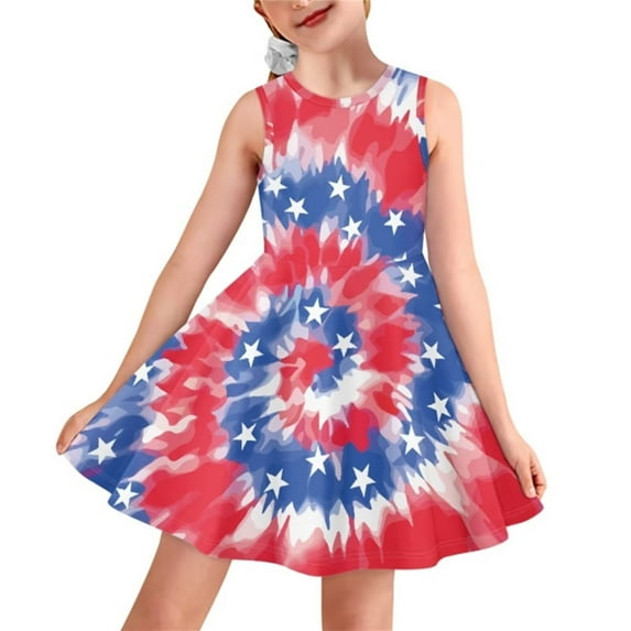 Renewold Blue Red Whilpool Tie Dye Tank Top Dress for Girls Fashion Stars Crewneck Sleeveless Party Midi Dresses 13-14T Youth Knee Length Twirly Sundress