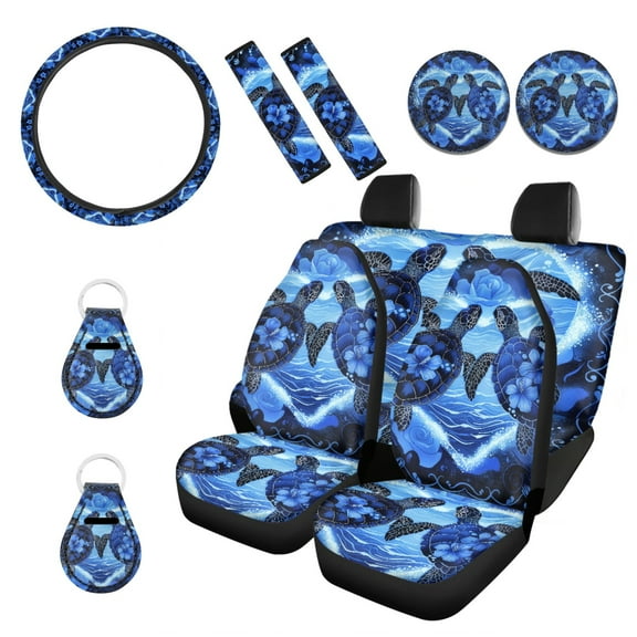 Renewold Blue Sea Turtle Flower 11 Pieces Car Front Back Seat Covers for Men Women, Non-Slip Breathable Seat Protector with Steering Wheel Covers, Seat Belt Strap Wrap, Car Coasters, Keychain