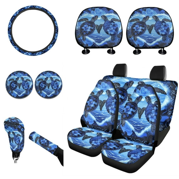 Renewold Blue Sea Turtle Hibiscus Car Seat Covers Full Set with Steering Wheel Cover Headrest Cover Cup Coasters Car Handbrake Cover Gear Shift Cover Auto Seat Cover Accessories Decor 11 PCS Set
