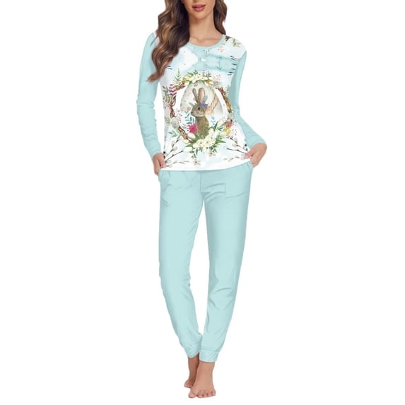 Renewold Blue Sleepwear for Women Pajama Set 2-Pack Rabbit Flower Nightwear Size 4XL Fall Winter PJ Sweatpants with Two Big Pockets Softest Easter Sleep Sets
