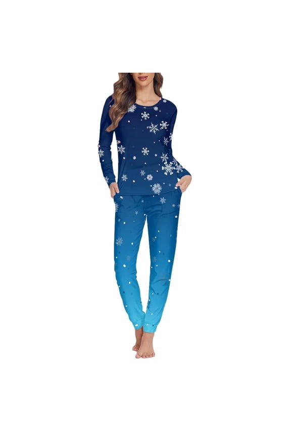 Blue Snowflake Nightwear for Women Durable Long Pants O-neck Pajama Top Christmas Theme Sleepwear Set of 2 Fashion Jogger Sport Outfits Tracksuit Size S