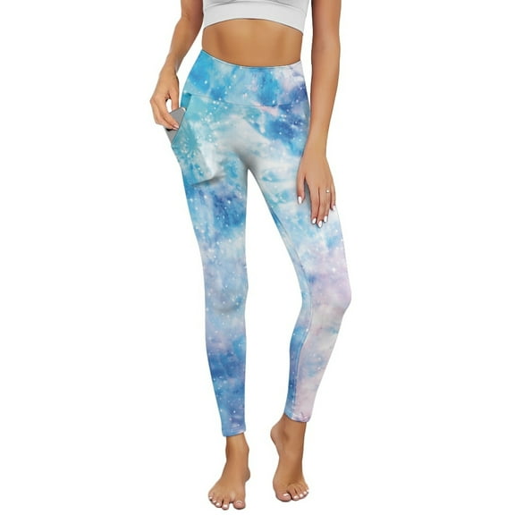 Renewold Blue Tie-dye Pocket Yoga Leggings for Women Lounge Yoga Pants Tights Stretchy Slim Basic Pants Sportswear Active Yoga Leggings for Workout Sports Yoga, S