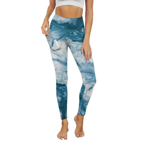 Renewold Blue White Marble Womens Yoga Pants with Pockets High Waisted Womens Leggings Fashion Exercise Yoga Leggings Lightweight Activewear Printed Ankle Leggings, S