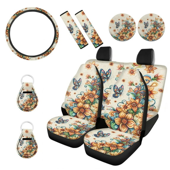 Renewold Bohemian Flower Butterfly Gold 11 PCS Car Seat Cover Set for Women, with Car Front Rear Seat Protector Steering Wheel Cover Seat Belt Cover Cup Holder Key Ring Car Accessories Decoration