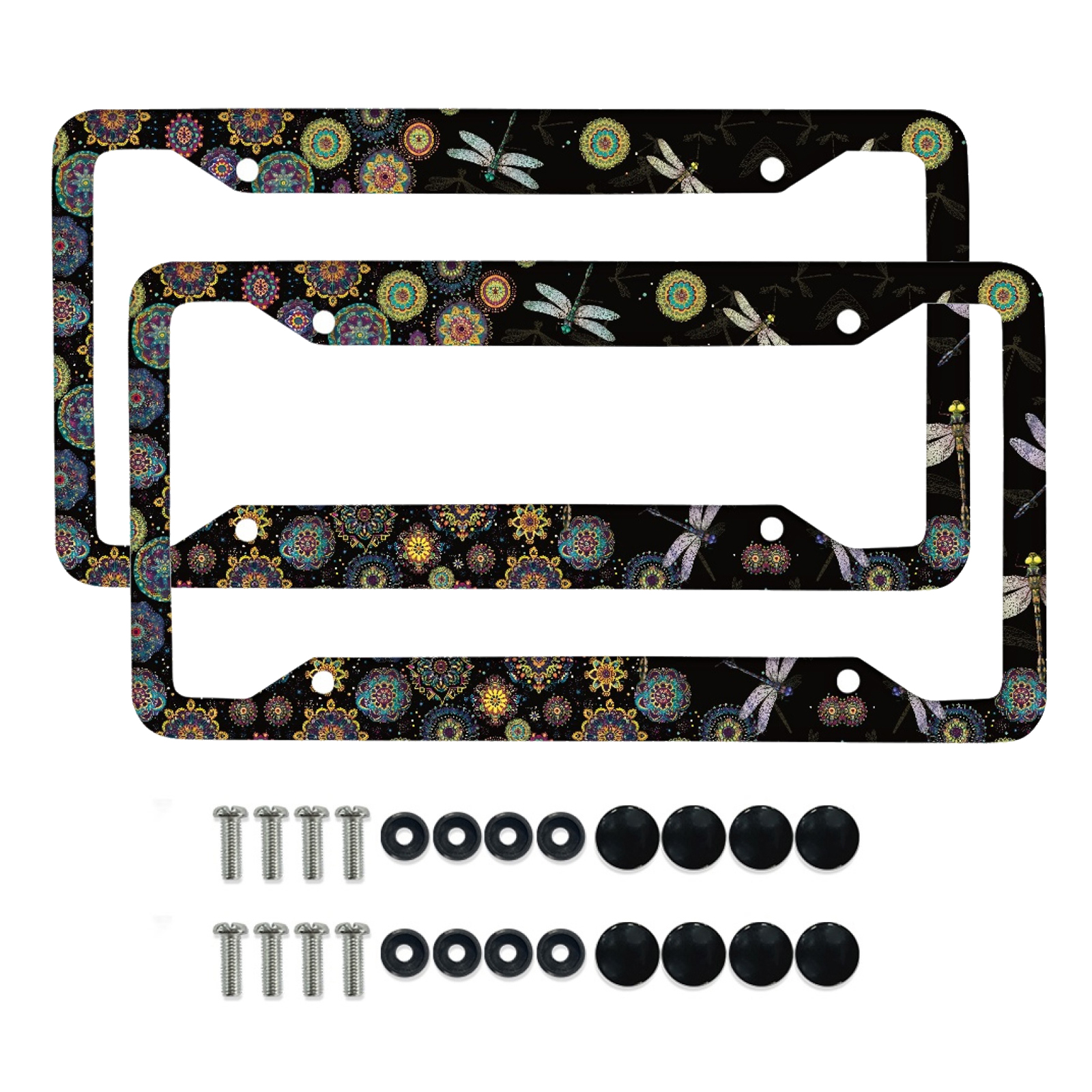 Renewold Bohemian Flower Dragonfly Car License Plates Frame Aluminum Vanity Tag Frame Accessories with Screws, License Plate Holder Set of 2