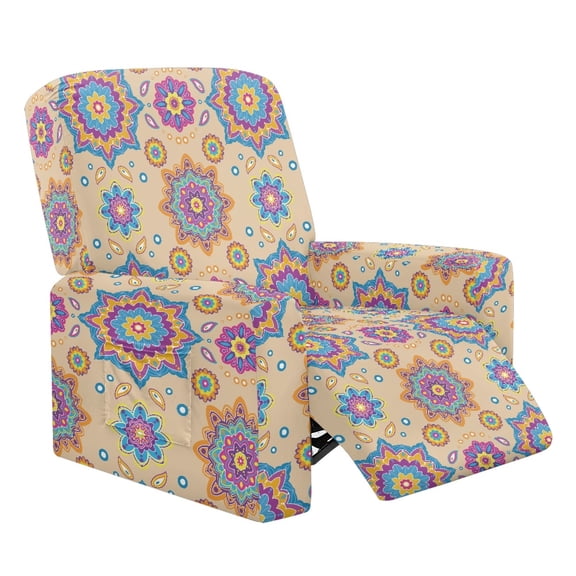 Renewold Boho Floral Yellow Violet Stretch Recliner Couch Cover Comfy Mandala Flower Reclining Protector 4 Pieces Stretch Reclining Slipcover Extra Large Recliner Cover for Home Decoration