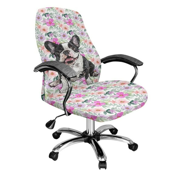 Renewold Boston Terrier Flower Computer Office Chair Cover Spandex Office Chair Cover Rotating Chair Slipcover Dustproof High Back Computer Chair Cover for Pets Dogs Cats, L