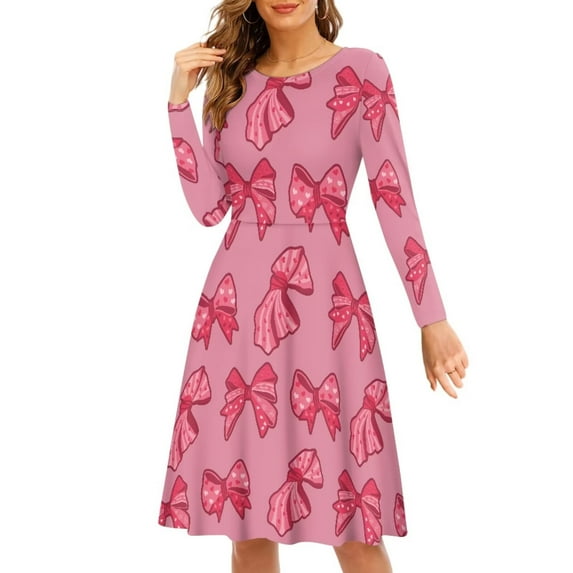 Renewold Bow Long Sleeve Women Dresses Casual Valentine's Day Flowy Swing Shift Dresses Outdoor Vacation Play Skater Twirl Dress Elegant Dress Size L, Pink