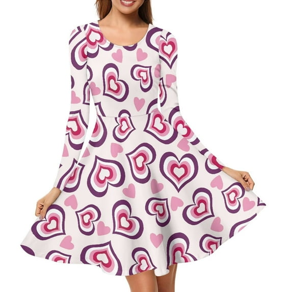 Renewold Breathable Flared Dress for Valentine's Day Gifts Purple Pink Hearts Long Sleeve A Line Twirly Skater Loose Casual/Party Dresses Size M Women Elegant Dress