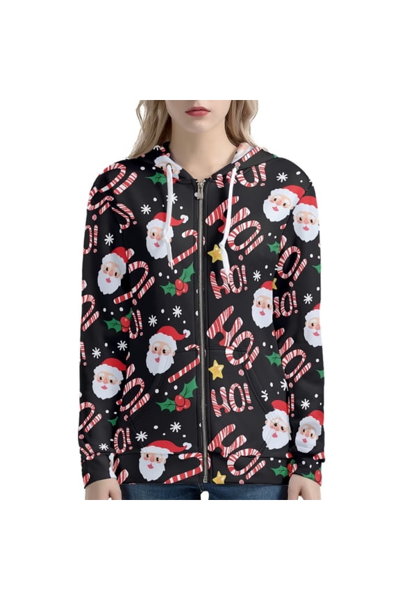 Breathable Full Zip Hoodie Women Christmas Long Sleeve Jumpers Cricket Workout Gear Ho-Ho-Ho Candy Canes Sweatshirt Fashion Jackets Coat Size 2XL