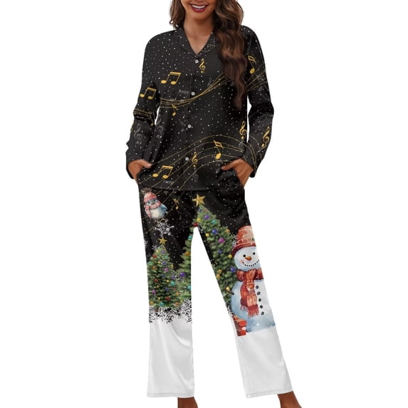 Renewold Breathable Nightwear Tops & Pants Set with Pockets Christmas Trees Snowman Button Pajama Top 2 PCS Long Sleeve Women Thermal Sleep Loungewear Size L