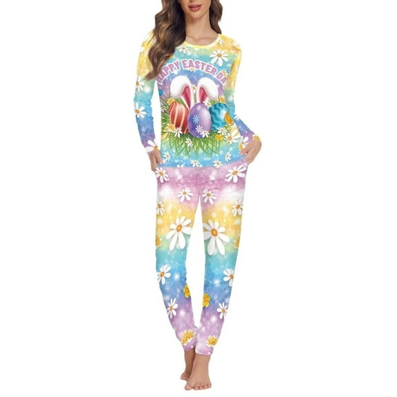 Renewold Breathable Pajama Sleepwear Set of 2 Colorful Long Sleeve Pj Sweatpants for Women Easter Egg Rabbit Daisy Crew Neck Loungewear Nightwear Size 5XL