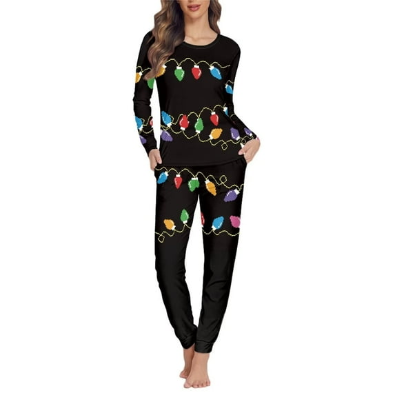 Renewold Breathable Sleepwear for Women Christmas Colorful Lights Graphic Pajama Pants Set of 2 Multi-Season Fashion Sweatshirt Pj Nightwear Casual Thermal Tracksuit Size XS