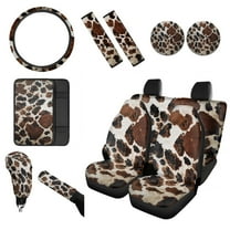 Renewold Brown Beige Cow Print 12 Pieces Car Seat Cover with Steering Wheel Cover, Seat Belt Strap Wrap Cover Armrest Pad Handbrake Cover Gear Shift Cover Truck Vans Sedans Cup Holder Coasters