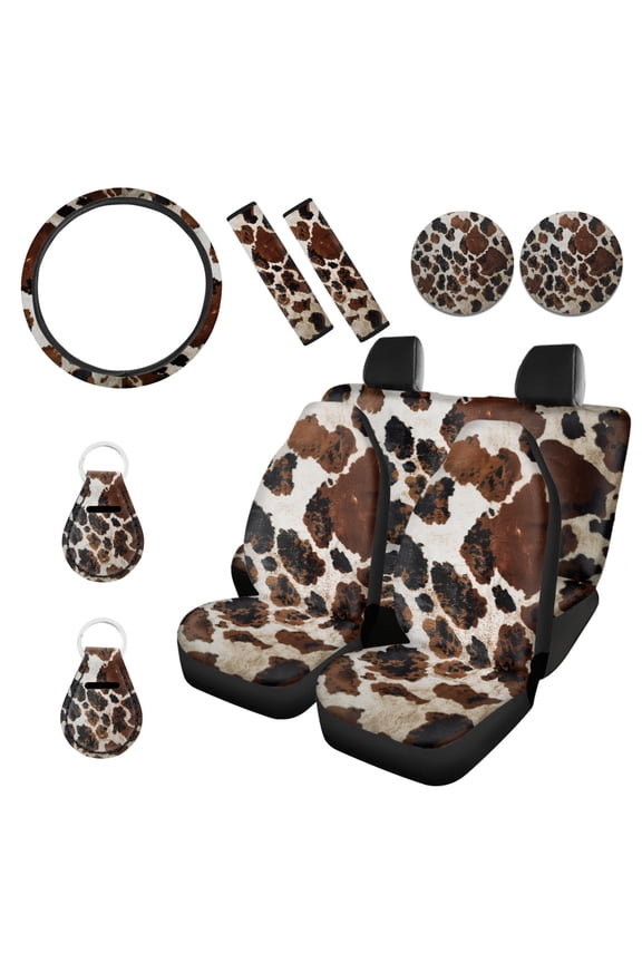 Brown Beige Cow Print Car Seat Cushion Covers Set of 11, with Front and Back Seat Protector, Soft Comfy Steetring Wheel Covers Seatbelt Cover Coaster Key Ring Universal Fit Most Cars Sedans