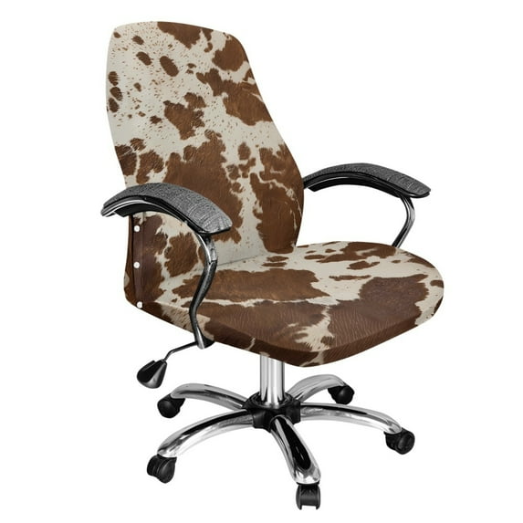 Renewold Brown Beige Cow Print Office Chair Slipcover Universal Rotating Boss Chair Cover Dustproof Desk Chair Protector Stretchable Fabric Cover with Elatic Bottom, S