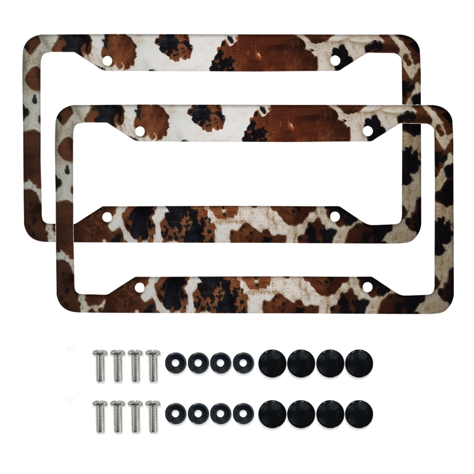 Renewold Brown Black Cow Print Aluminum Car Licenses Plate Frame Tag for Women Men Novelty Metal Automotive License Plate Frames, 2 Pack