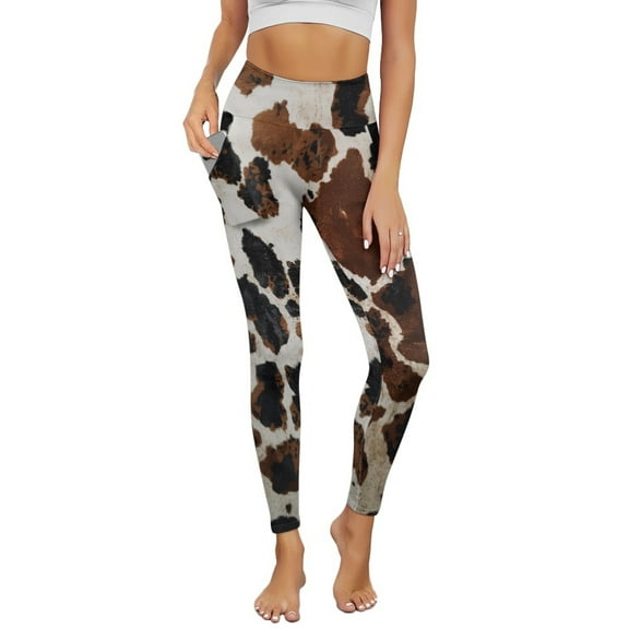 Renewold Brown Black Cow Print Yoga Pants for Women with Pockets Full Length Workout Leggings High Waist Tummy Control Lounge Pants Activewear Fashion Womens Leggings, XS