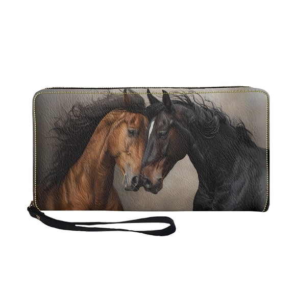Renewold Brown Black Horse Wallet Purse for Women Soft Purse with Wrist Strap, PU Leather Zip Cash Card Holder for Shopping Travel Beach