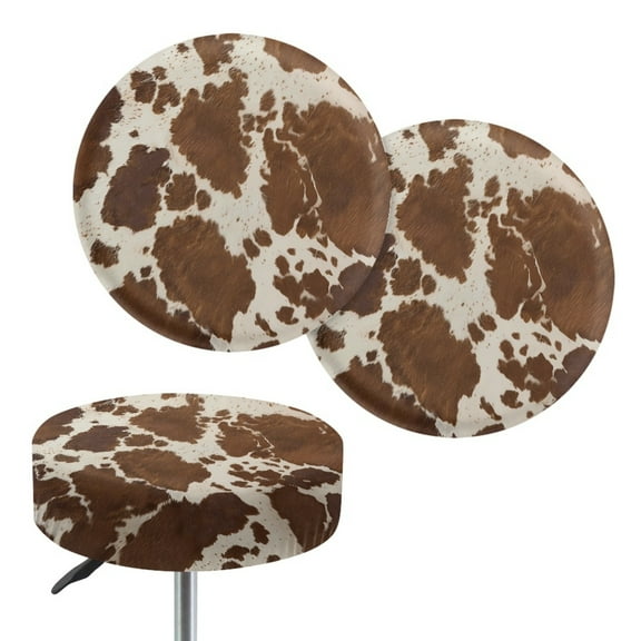 Renewold Brown Cow Print 2 Pack Bar Stool Seat Covers Stretch Round Chair Covers for 12-14 Inch Chair Fashion Vanity Seat Cushion Saddle Slipcovers