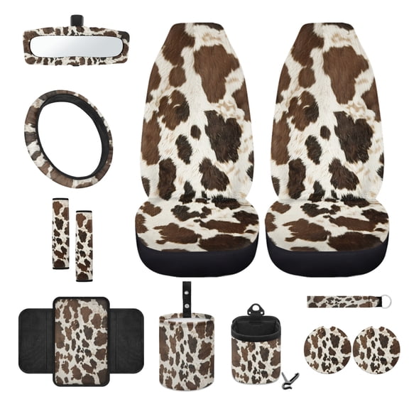 Renewold Brown Cow Skin Print 12 PCS Front Car Seat Cover Full Set, with Steering Wheel Seat Belt Cover Armrest Box Mat Trash Bag Air Vent Bag Rear View Mirror Cover Coaster Keychain Car Accessories