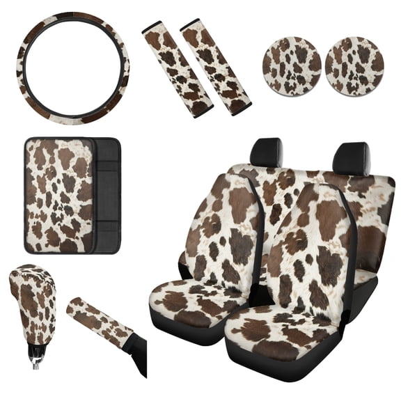 Renewold Brown Cow Skin Print Car Seat Cover Front Back Seat Protector with Steering Wheel Cover, Belt Pad, Armrest Pad Handbrake Cover Gear Shift Cover Universal Fit Most Cars Trunk SUV