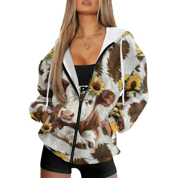 Renewold Brown Cow Sunflower Womens Zip Up Hoodie Sweatshirt Tops Long Sleeve Y2K Jackets with Pockets Pullover Hoodies Tops Fleece Sweatshirts Oversized Jackets Sweaters Casual Outfits, XXL