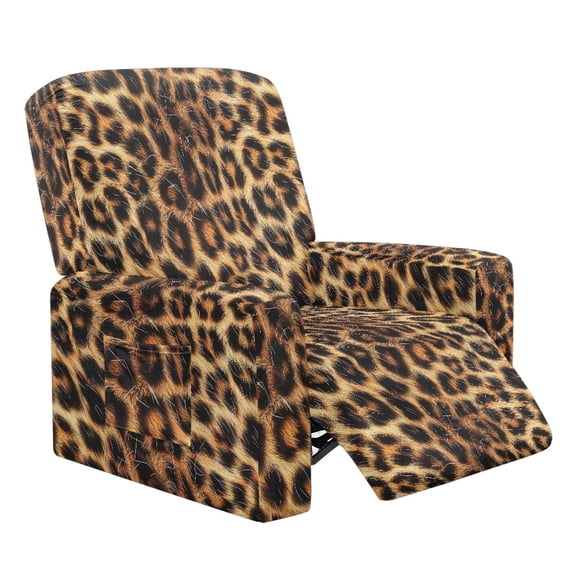 Renewold Brown Leopard Print Recliner Seat Cover Comfy Couch Slipcover 4 Pieces Stretch Recliner Chair Cover Fitted Reclining Chair Slipcover with Elastic Bottom and Pocket