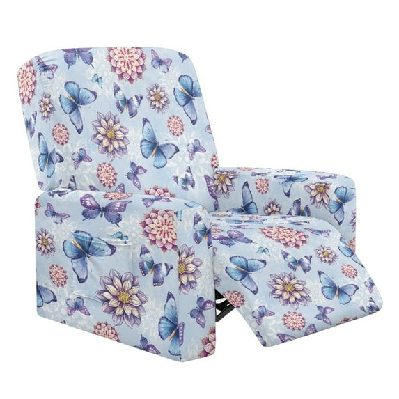 Renewold Butterfly Boho Floral Blue Recliner Couch Cover Polyester Spandex Mandala Flower Reclining Chair Protector 4 Pieces Stretch Recliner Chair Cover Dog Couch Slipcover for Living Room