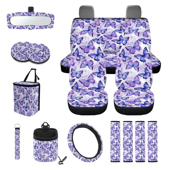 Renewold Butterfly Car Seat Cover Full Set 15 PCS, with Steering Wheel Seat Belt Rear View Mirror Cover Trash Bag Air Vent Phone Holder Coasters Key Chain Auto Interior Accessories, Purple