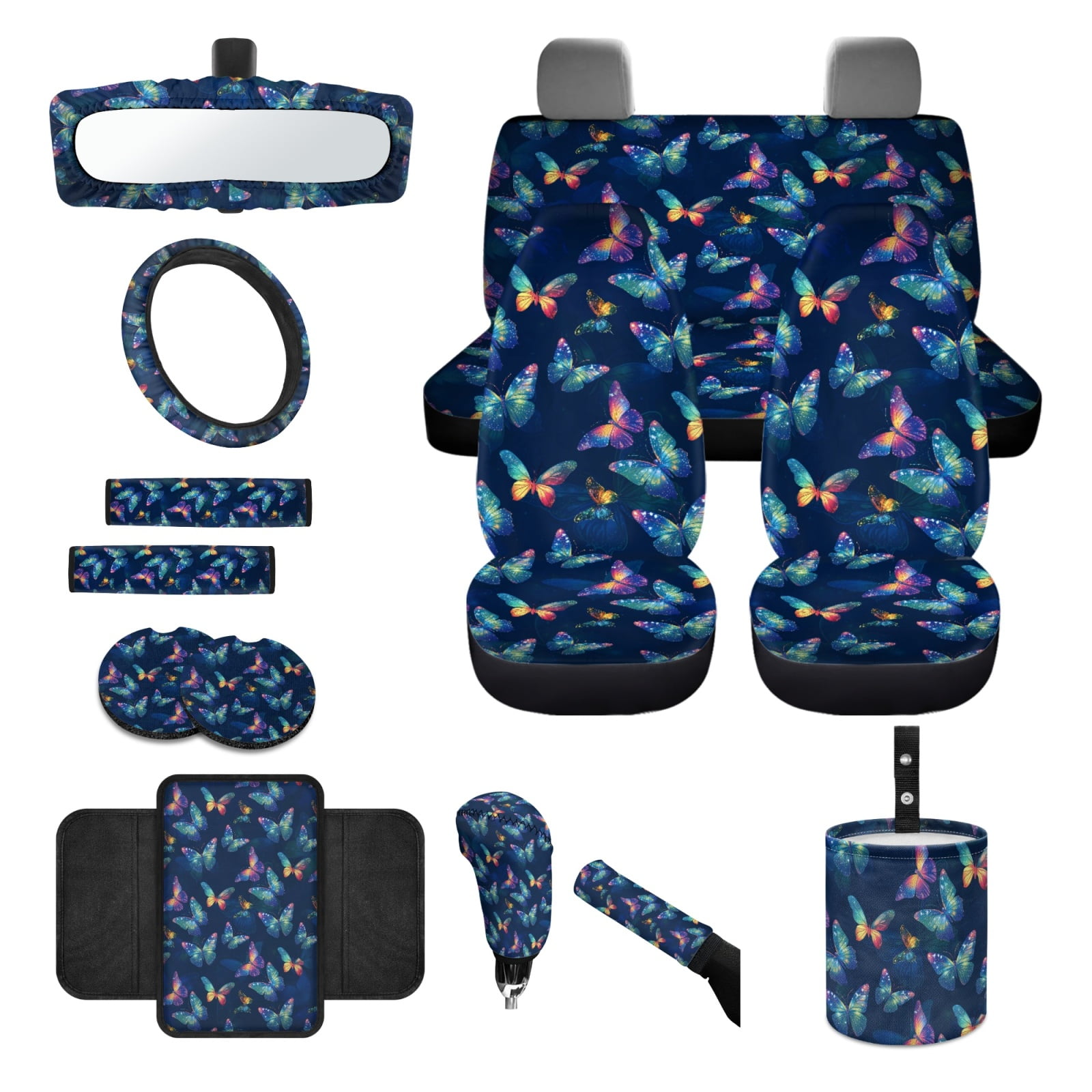 Renewold Butterfly Car Seat Cover Set 14 Pack with Steering Wheel Seat Belt Strap Gear Shift Knob Cover Set Garbage Bin Armrest Pad Rearview Mirror Coasters Universal Fit SUV Sedans, Dark Blue