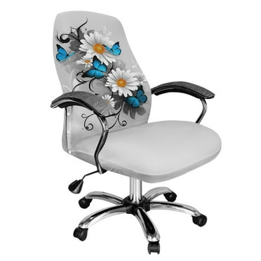 Renewold Butterfly Daisy Grey Home Office Chair Cover for Boss Rotating Chairs Universal Stretch Executive Boss Rotating Chair Cover Chair Protector Cover for Armrest Chair, L