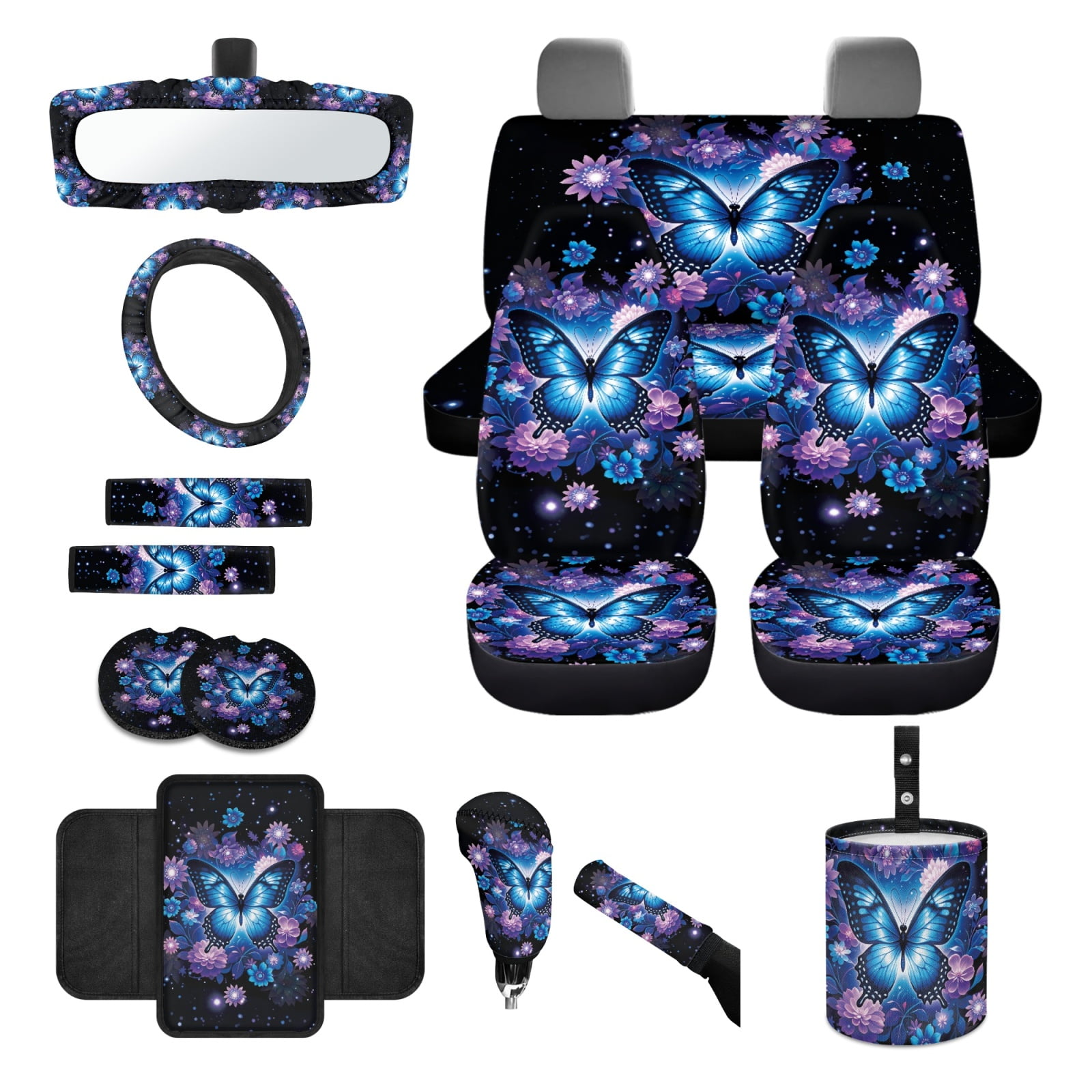 Renewold Butterfly Flower 14 Pack Car Accessories, Universal Auto Seat Protector Steering Wheel Seatbelt Strap Pad Trash Can Armrest Pad Cup Holders Rearview Mirror Handbrake Cover Set, Blue Purple