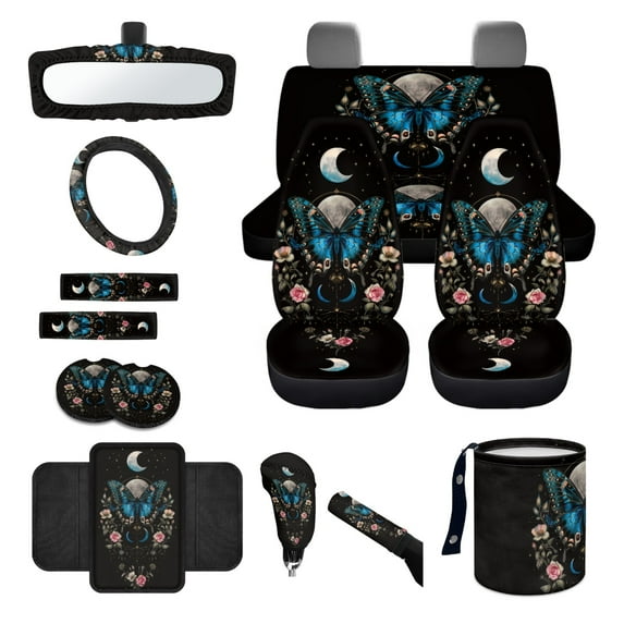 Renewold Butterfly Flower Moon Car Seat Cover Set 14 Pieces, with Steering Wheel Cover Seat Belt Cushion Pad Garbage Bag Rearview Mirror Cover Armrest Seat Box Cover Handbrake Cover Set Car Coasters