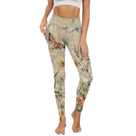 Renewold Butterfly Flower Vintage Womens Yoga Pants with Pockets High Waisted Womens Leggings Fashion Exercise Yoga Leggings Lightweight Activewear Printed Ankle Leggings, S