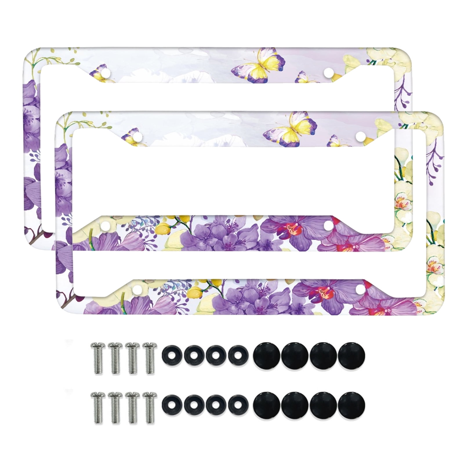 Renewold Butterfly Flower Violet Auto License Plates Frame for Car Sedans Truck Vans, Novelty Metal Automotive License Plate Frames Vanity Tag for Women Men, 2 Pieces
