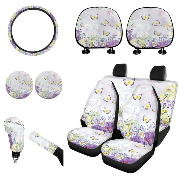 Renewold Butterfly Flower Violet Car Seat Cover 11 PCS for Men Women Car Seat Protector with Steering Wheel Cover Headrest Cover Cup Coasters Handbrake Cover Gear Shift Knob Cover Car Coasters