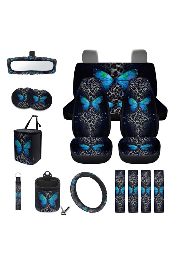 Butterfly Leopard Print Car Seat Covers Set of 15, Steering Wheel Cover Seatbelt Cushion Pad Trash Bin Mount Sunglasses Holder Rearview Mirror Cover Cup Holder Key Chain Car Accessories