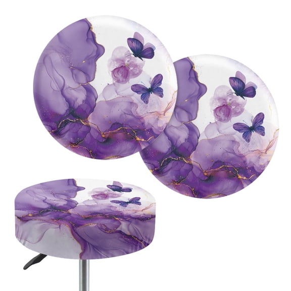 Renewold Butterfly Marble Violet Stretch Stool Furniture Protector Soft Round Stool Covers 12-14 Inch Elastic Bar Stool Cover Washable Slipcovers, 2 Count