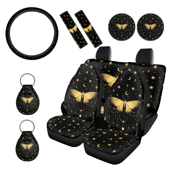 Renewold Butterfly Moon Star Car Seat Cover Full Set Car Accessories 11 PCS, with Non-slip Steering Wheel Covers Seat Belt Cover Car Coasters Keychain Universal Fit Most Vehicles SUV Sedans