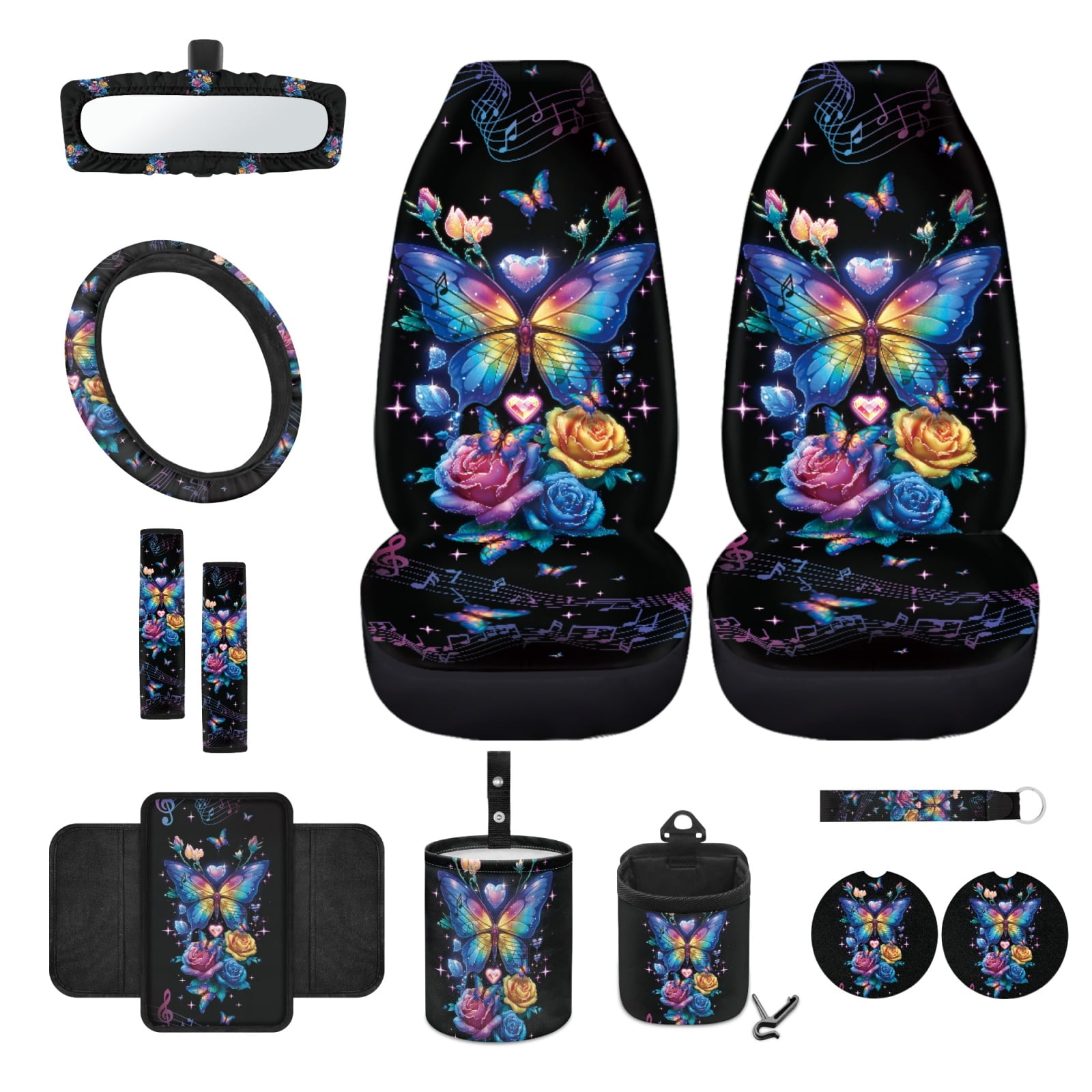 Renewold Butterfly Rose Music Notes 12 Pack Front Car Seat Cover Set with Steering Wheel Armrest Rear View Mirror Cover Seatbelt Pads Trash Can Air Vent Holder Coasters Key Chain Fit SUV Vans Sedans