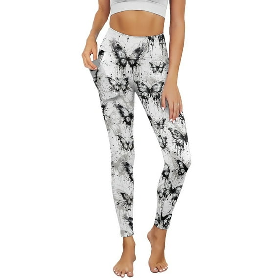 Renewold Butterfly Splash White Leggings with Pockets for Women Workout Tights Compression Leggings High Waisted Butt Lifting Printed Leggings Full Length Womens Leggings, S